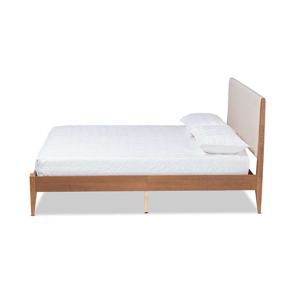 Beige Fabric Upholstered and Walnut Brown Finished Wood King Size Platform Bed. Picture 2