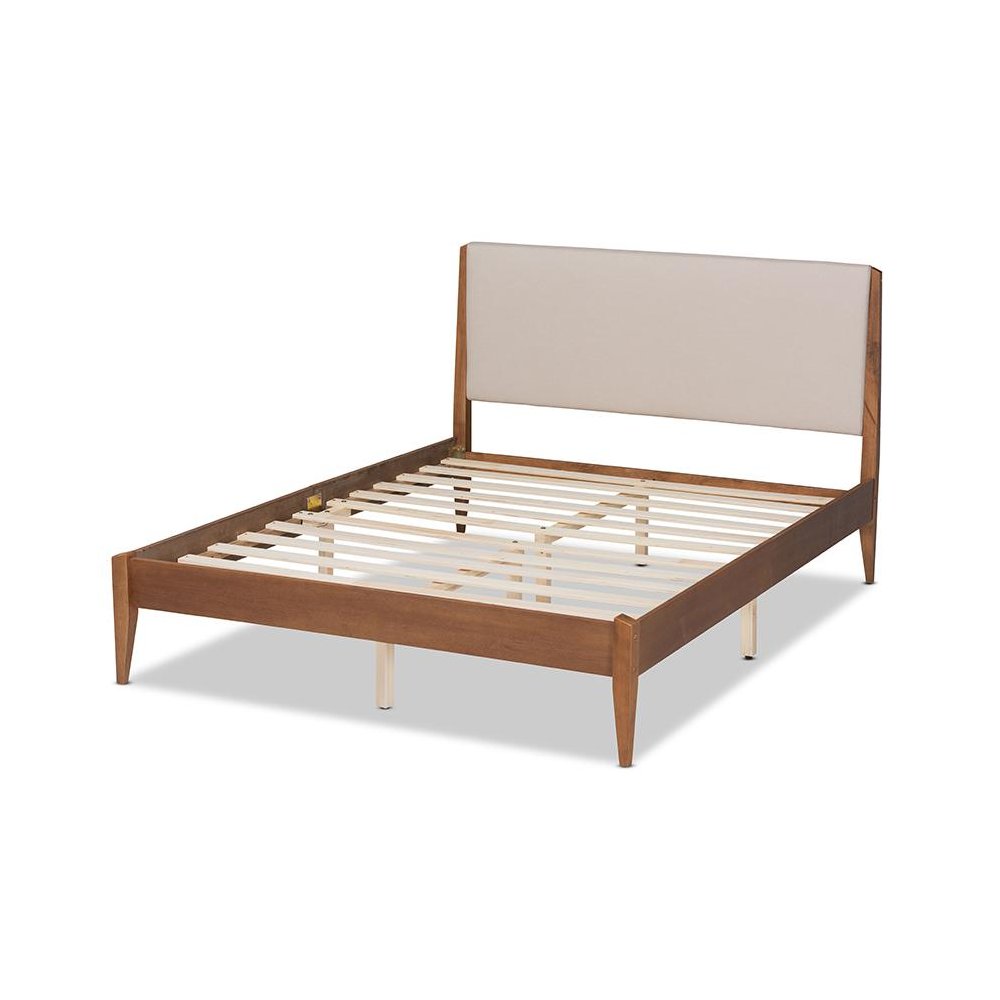 Beige Fabric Upholstered and Walnut Brown Finished Wood King Size Platform Bed. Picture 3