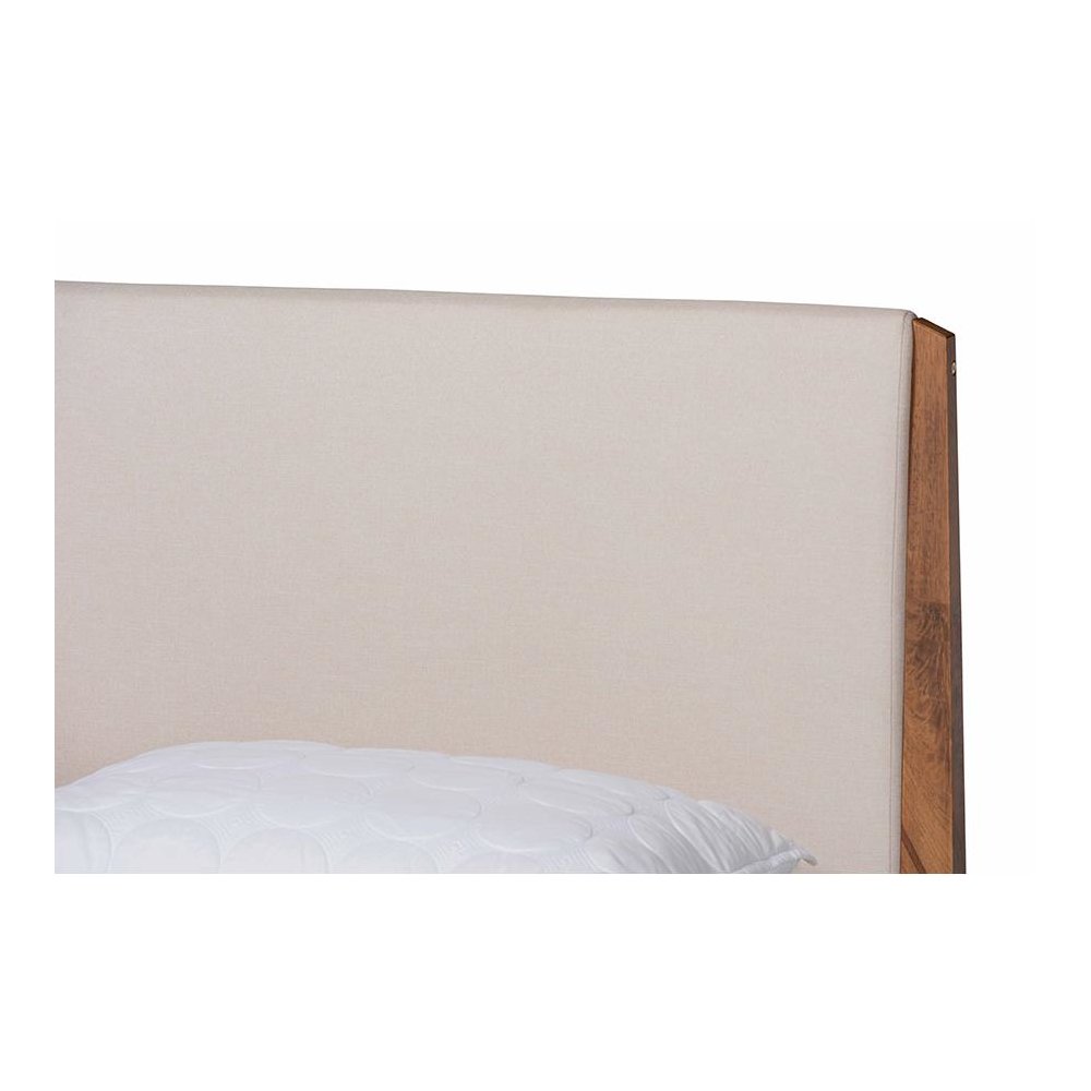Beige Fabric Upholstered and Walnut Brown Finished Wood King Size Platform Bed. Picture 4