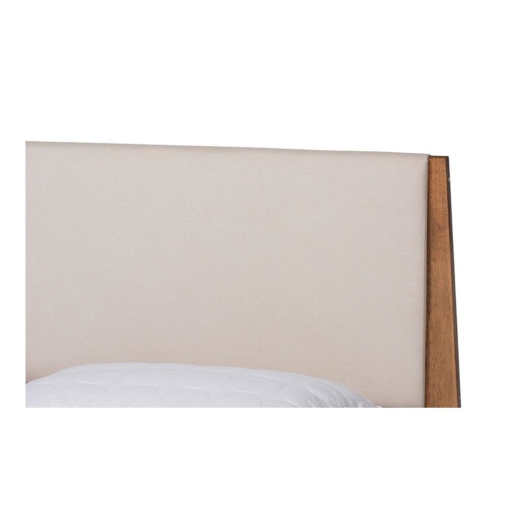 Beige Fabric Upholstered and Walnut Brown Finished Wood King Size Platform Bed. Picture 4