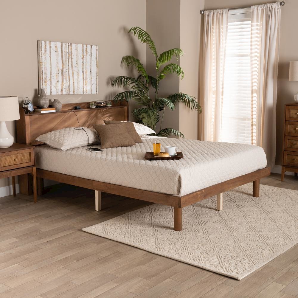 Walnut Brown Finished Wood Queen Size Platform Bed with Charging Station. Picture 19