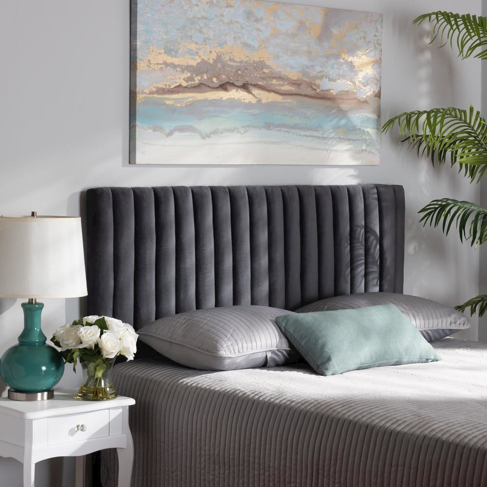 Grey Velvet Fabric Upholstered and Dark Brown Finished Wood King Size Headboard. Picture 13