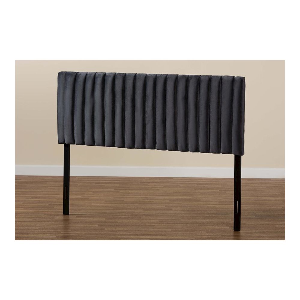 Grey Velvet Fabric Upholstered and Dark Brown Finished Wood Queen Size Headboard. Picture 5