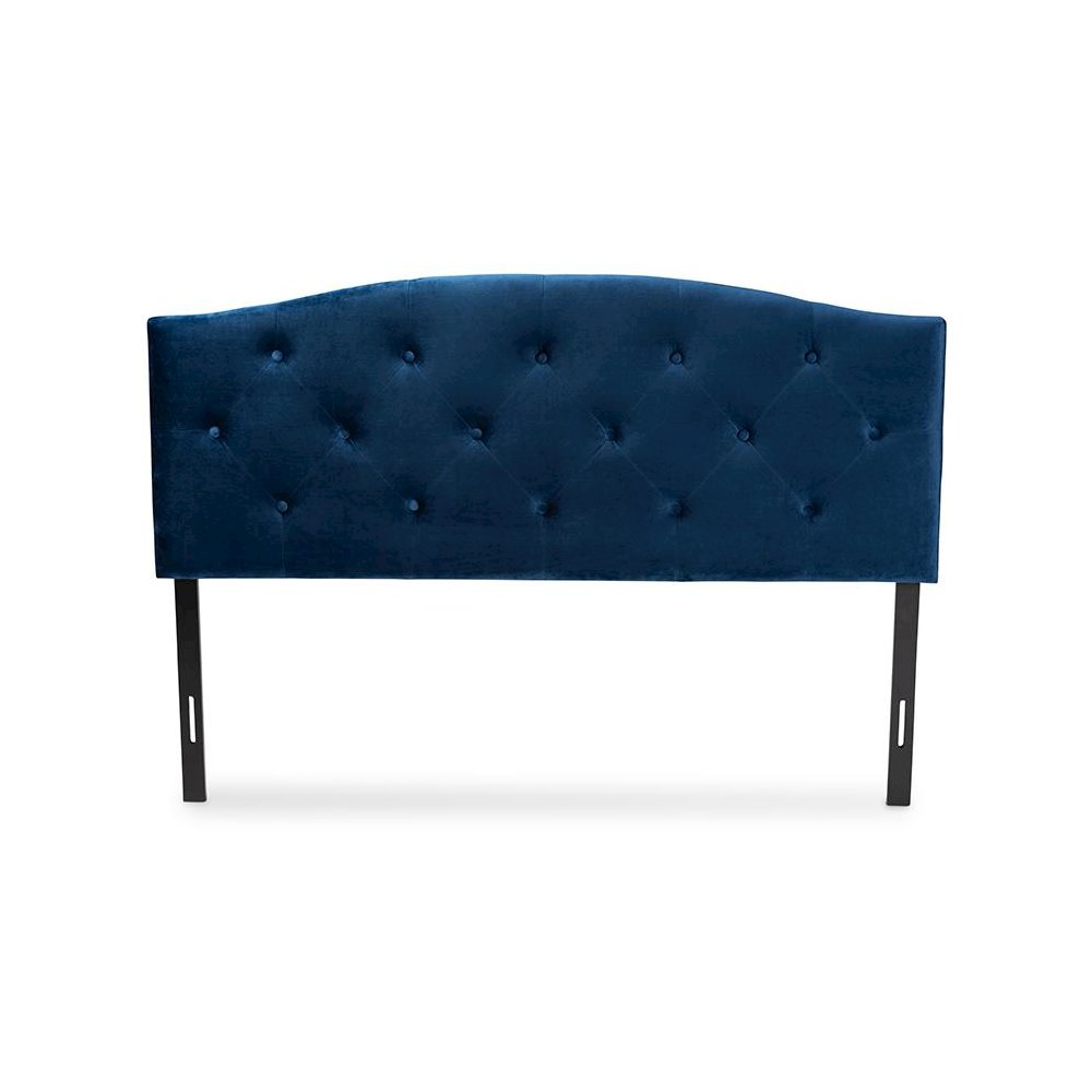 Navy Blue Velvet Fabric Upholstered King Size Headboard. Picture 2