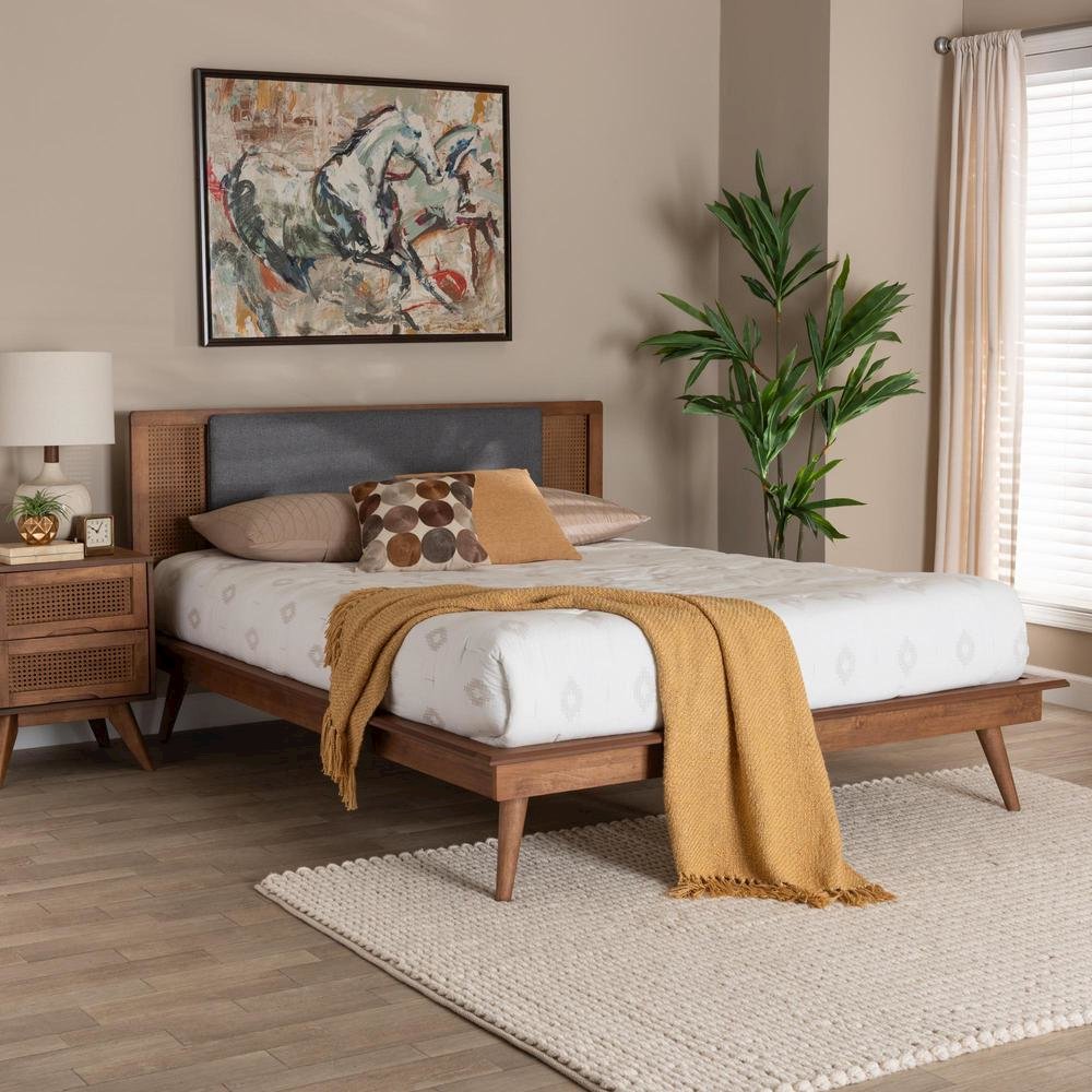 Dark Grey Fabric and Walnut Brown Finished Wood Queen Size Platform Bed. Picture 18