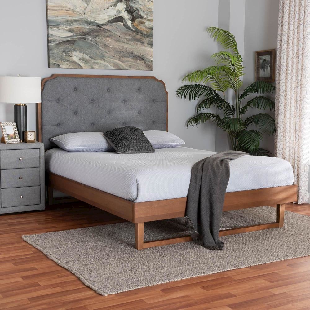 Grey Fabric and Walnut Brown Wood King Size Platform Bed. Picture 18