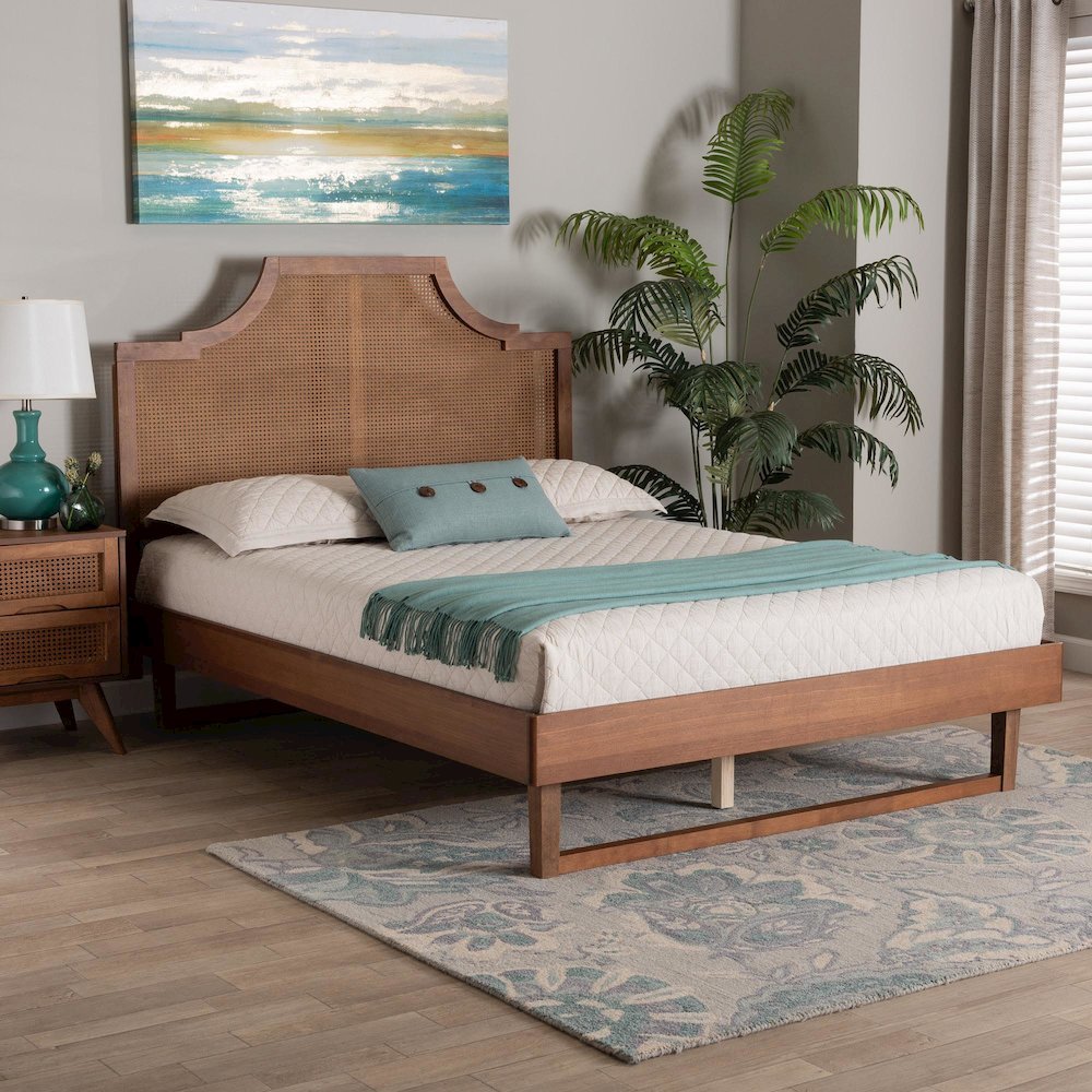 Francine Mid-Century Modern Ash Walnut Woven Rattan King Size Bed. Picture 18