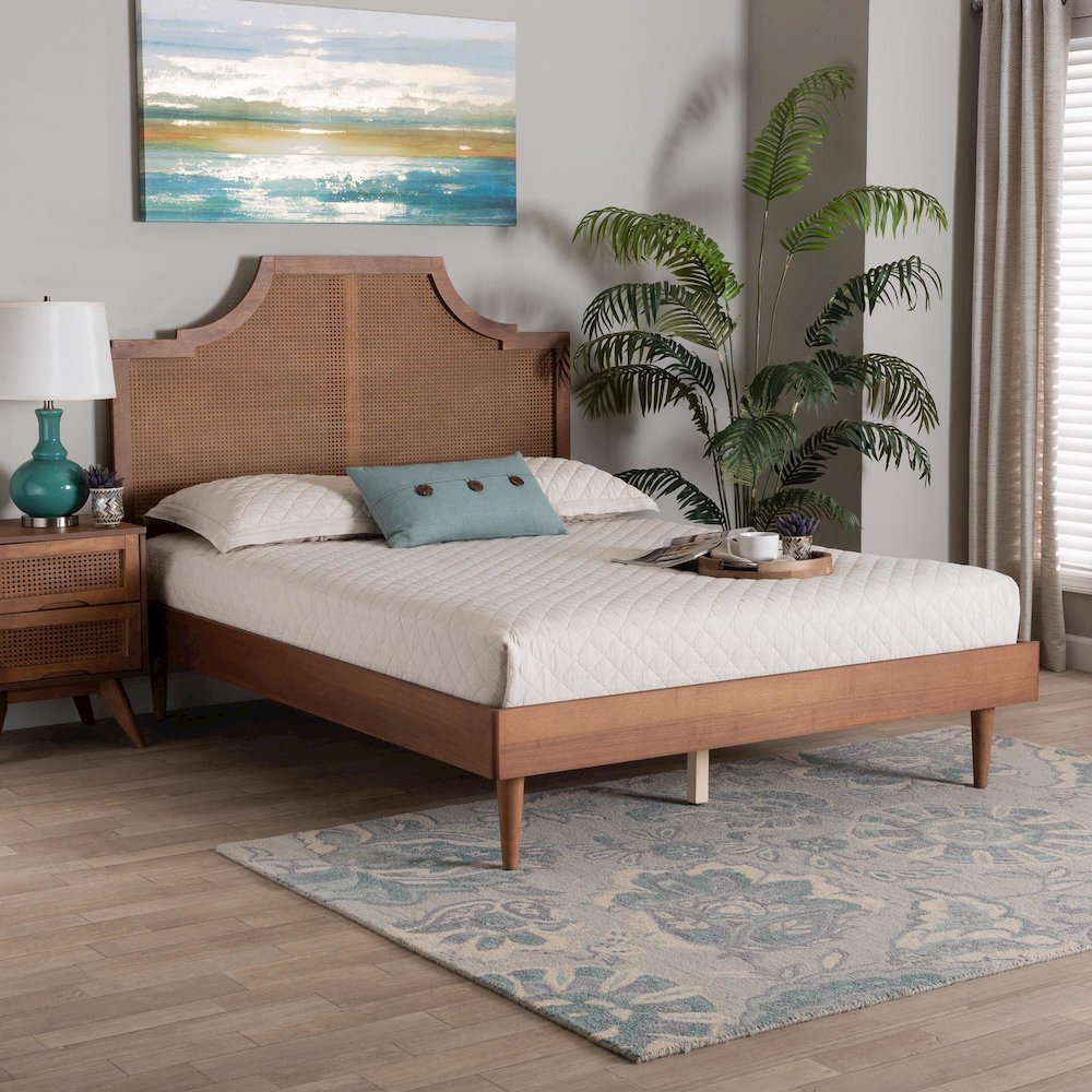 Macaria Mid-Century Modern Ash Walnut Woven Rattan King Size Bed. Picture 18