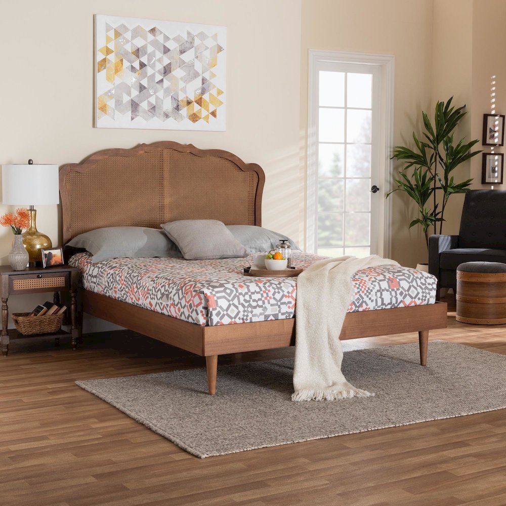Camden Mid-Century Walnut Brown Wood and Rattan King Size Platform Bed. Picture 18