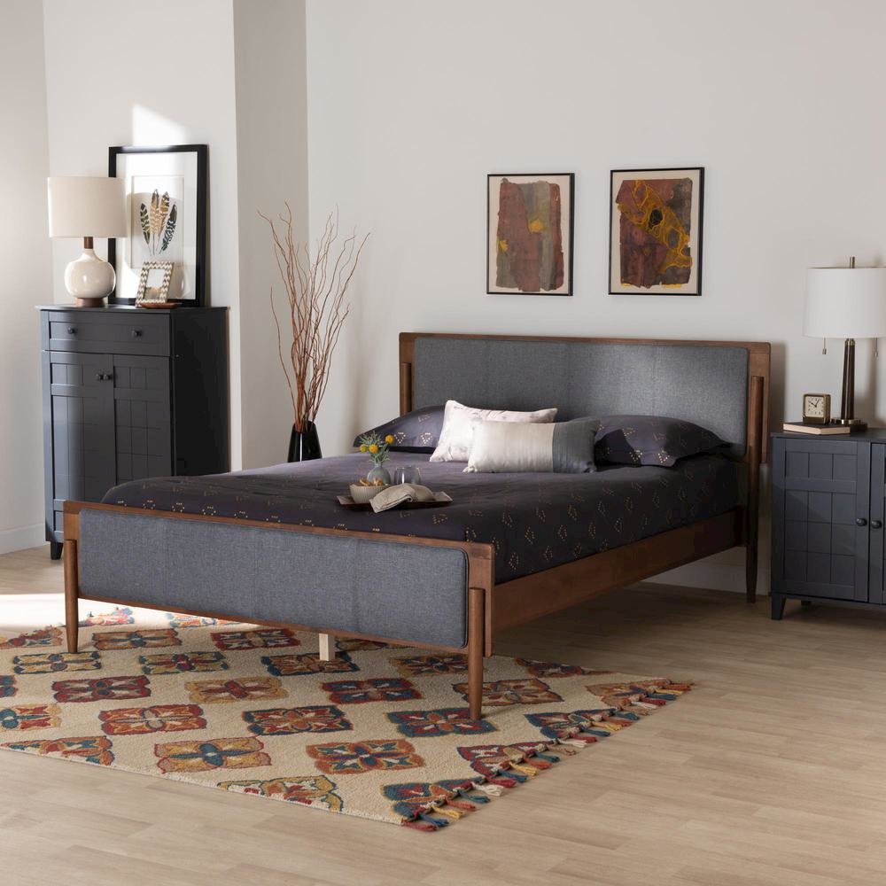 Grey Fabric and Ash Walnut Finished Wood King Size Platform Bed. Picture 17