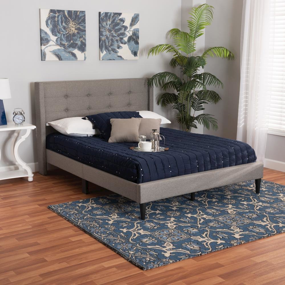 Transitional Grey Fabric Upholstered Queen Size Platform Bed. Picture 17