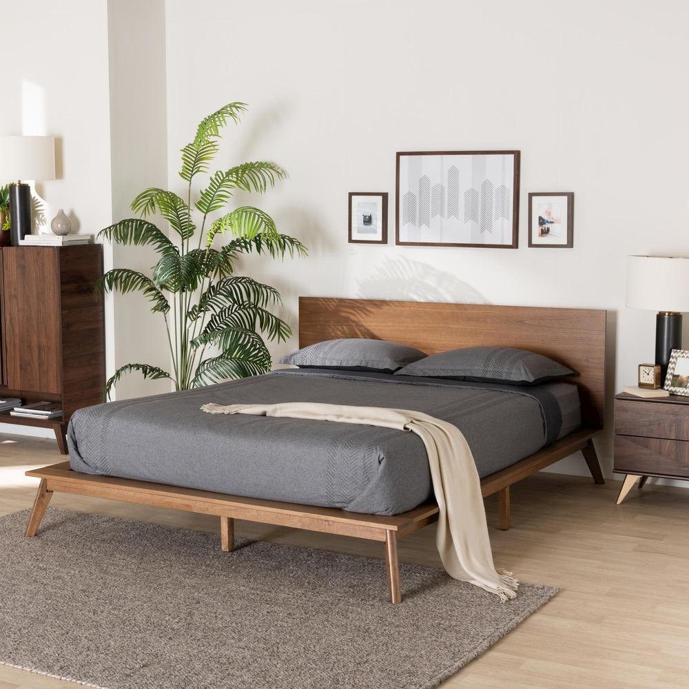 Wheatley Mid-Century Modern Walnut Brown Finished Wood King Size Platform Bed. Picture 17