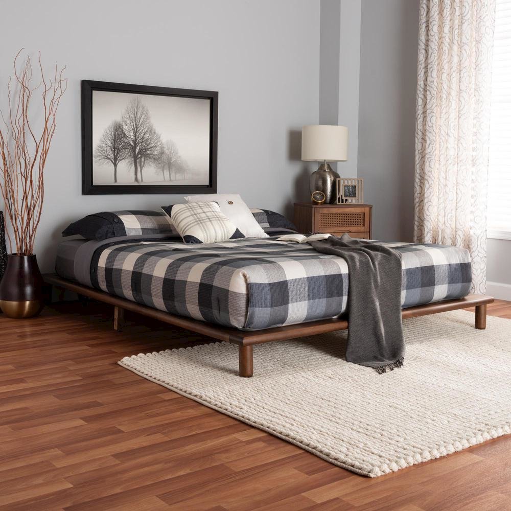 Alivia Mid-Century Modern Walnut Brown Finished Wood Queen Size Bed Frame. Picture 15