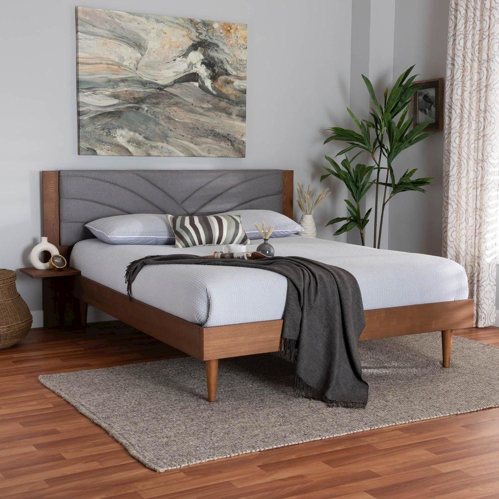 Walnut Brown Wood King Size Platform Bed With Floating Side Table. Picture 19