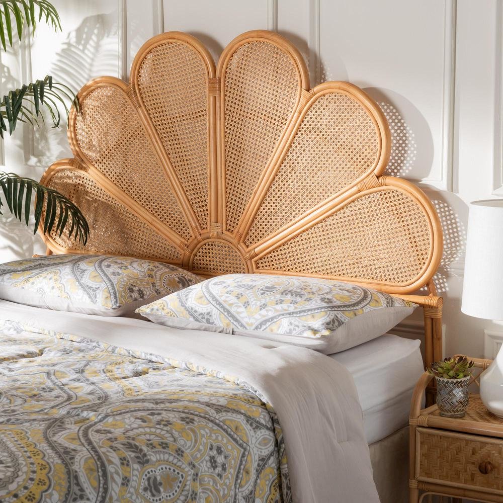 Flower Modern Bohemian Honey Rattan Queen Size Standalone Headboard. Picture 11