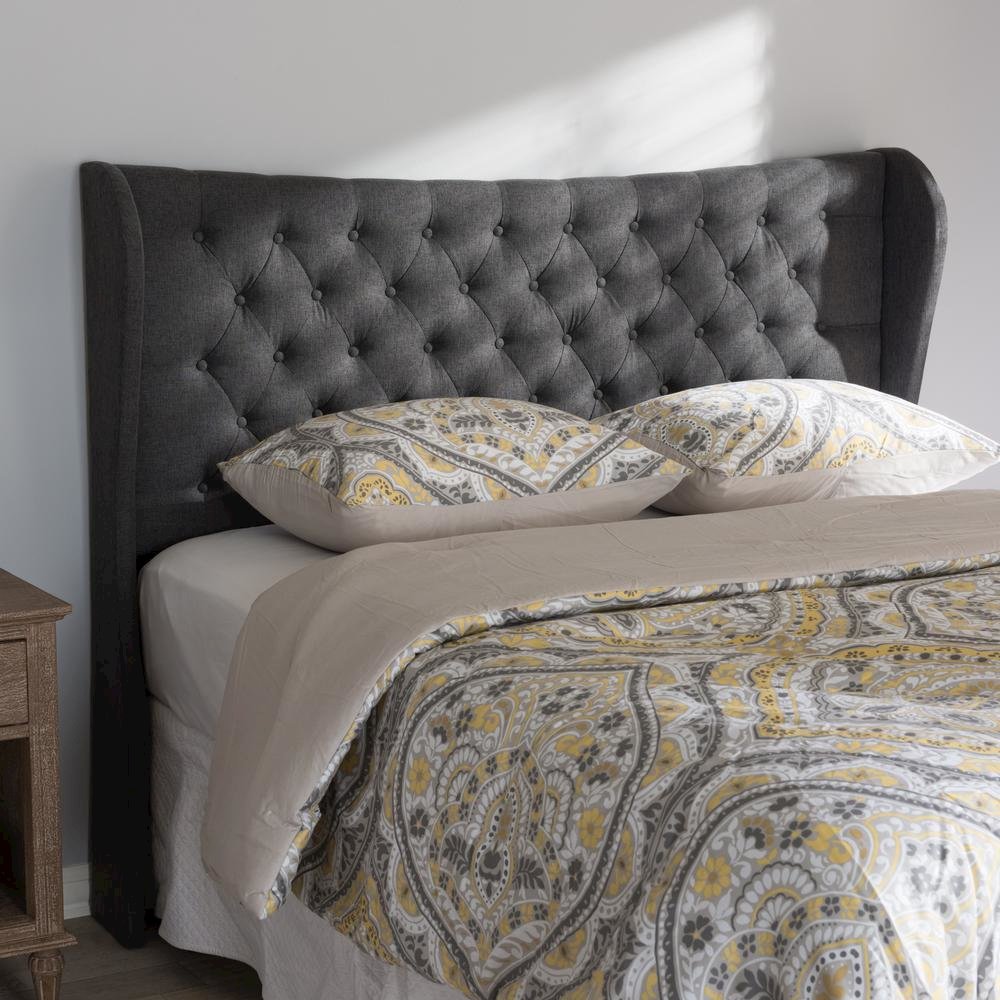 Dark Grey Fabric Button-Tufted Queen Size Winged Headboard. Picture 10
