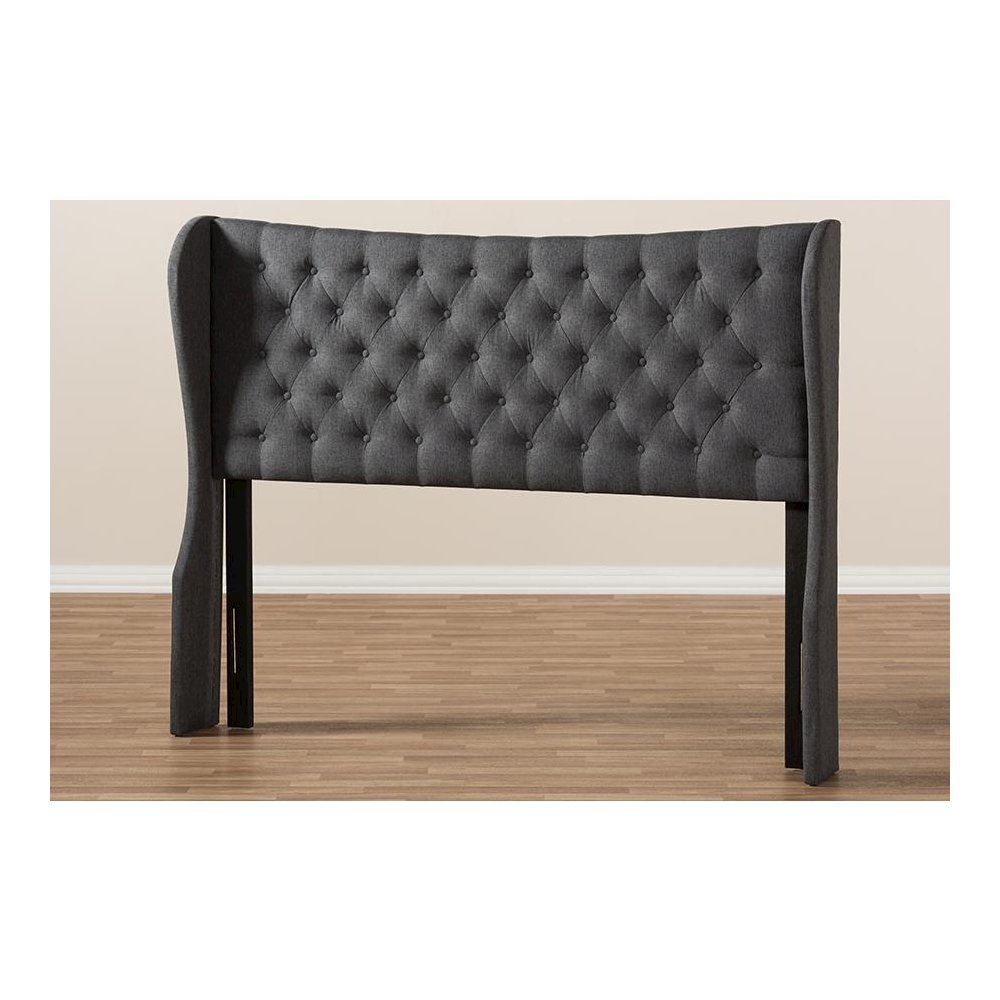 Dark Grey Fabric Button-Tufted King Size Winged Headboard. Picture 5