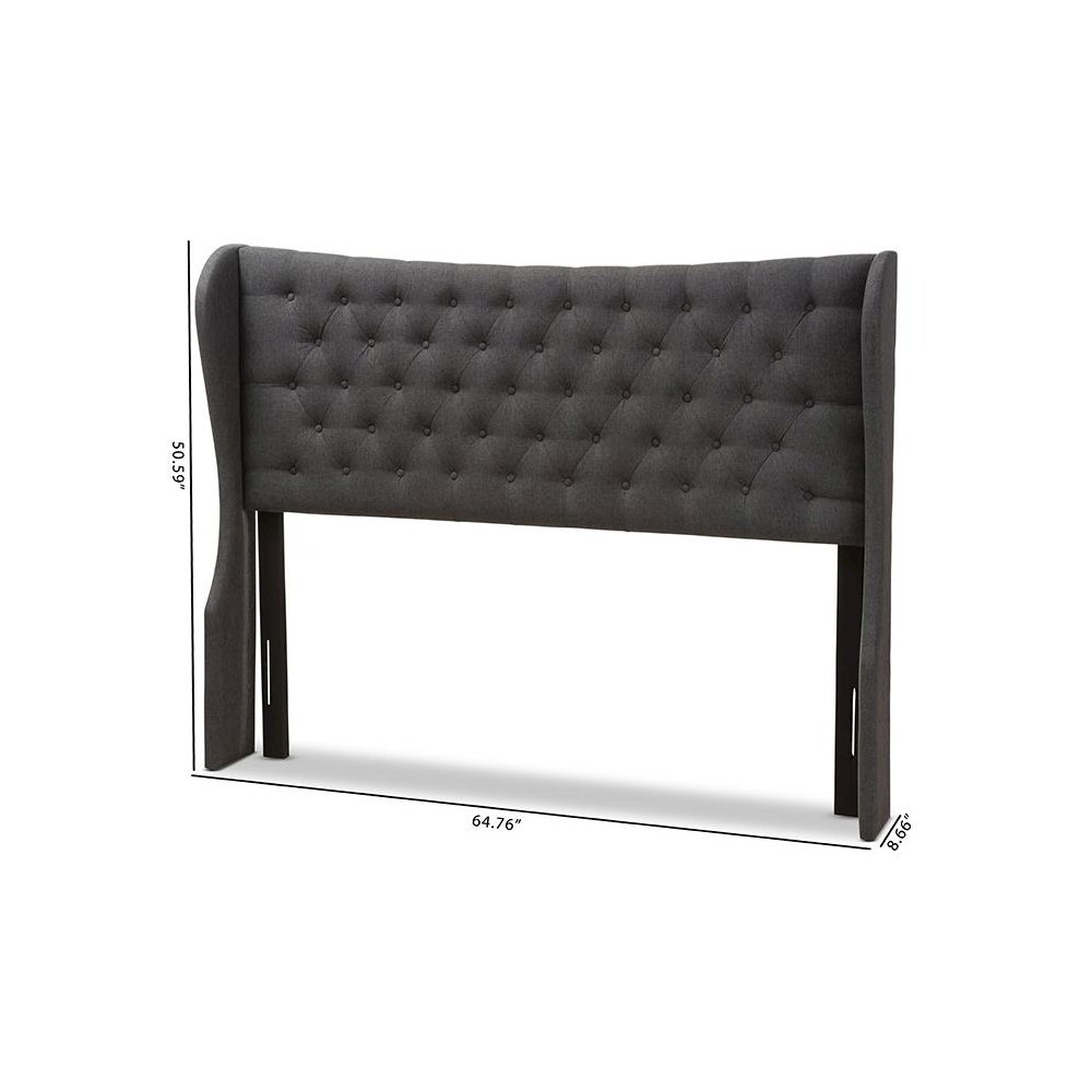 Dark Grey Fabric Button-Tufted King Size Winged Headboard. Picture 6
