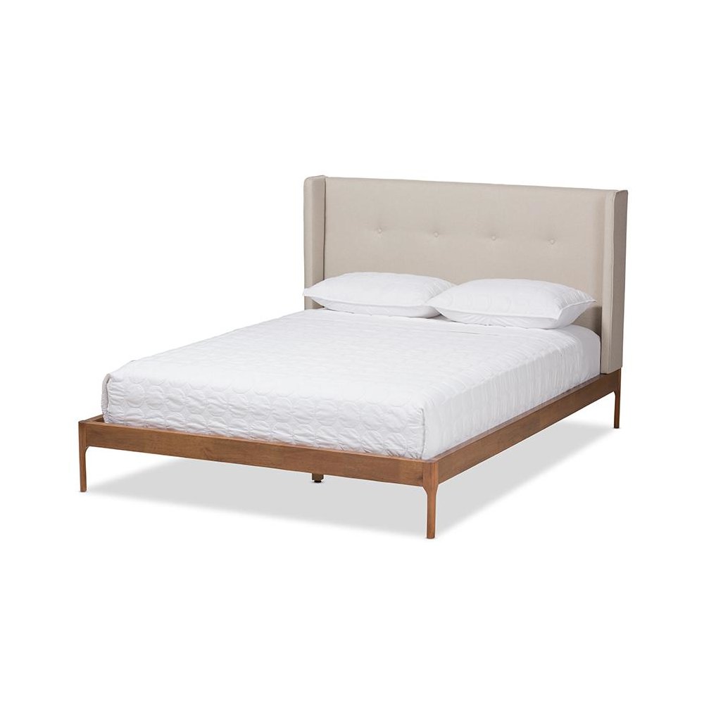 Brooklyn Mid-Century Modern Walnut Wood Beige Fabric King Size Platform Bed. Picture 1
