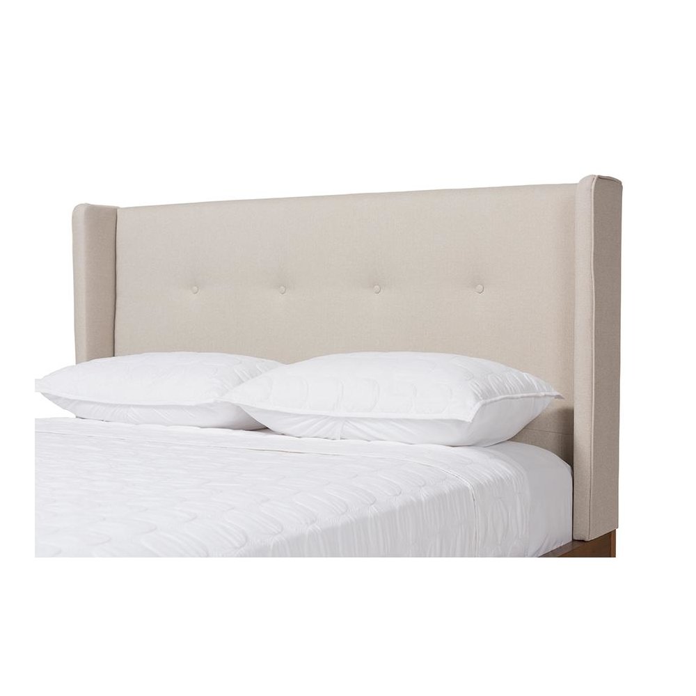 Brooklyn Mid-Century Modern Walnut Wood Beige Fabric King Size Platform Bed. Picture 5