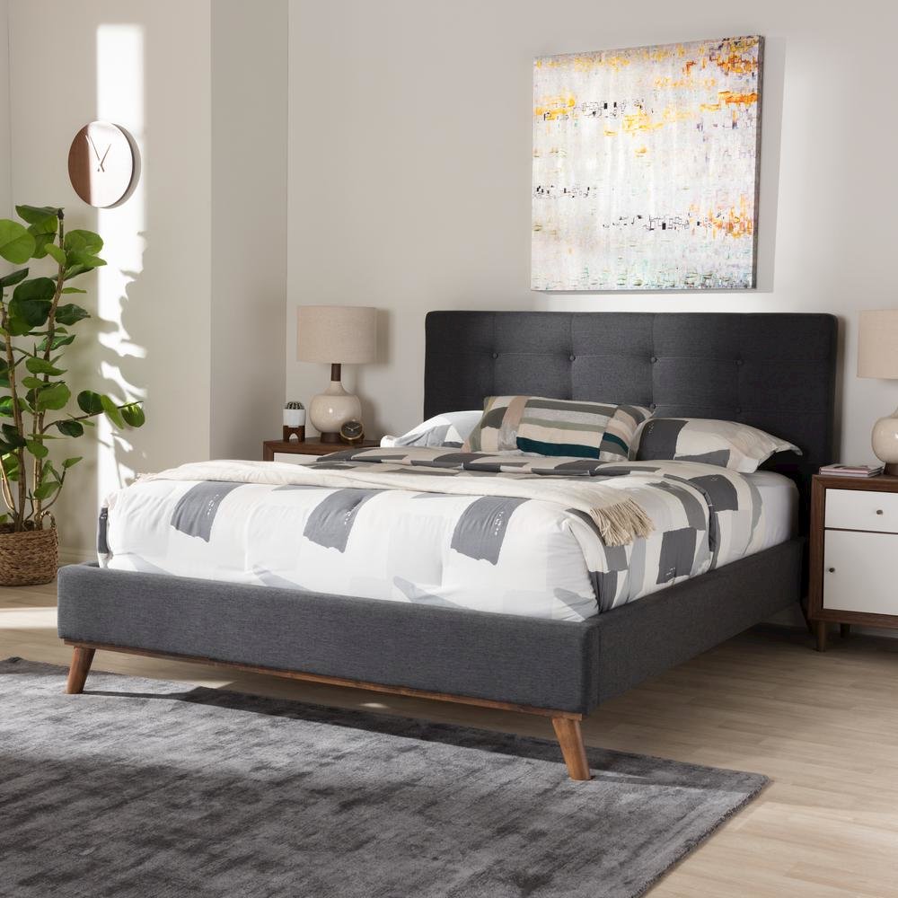 Valencia Mid-Century Modern Dark Grey Fabric Queen Size Platform Bed. Picture 18