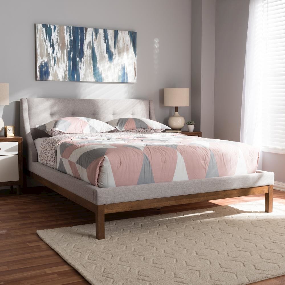 Greyish Beige Fabric Upholstered Walnut-Finished Queen Sized Platform Bed. Picture 13