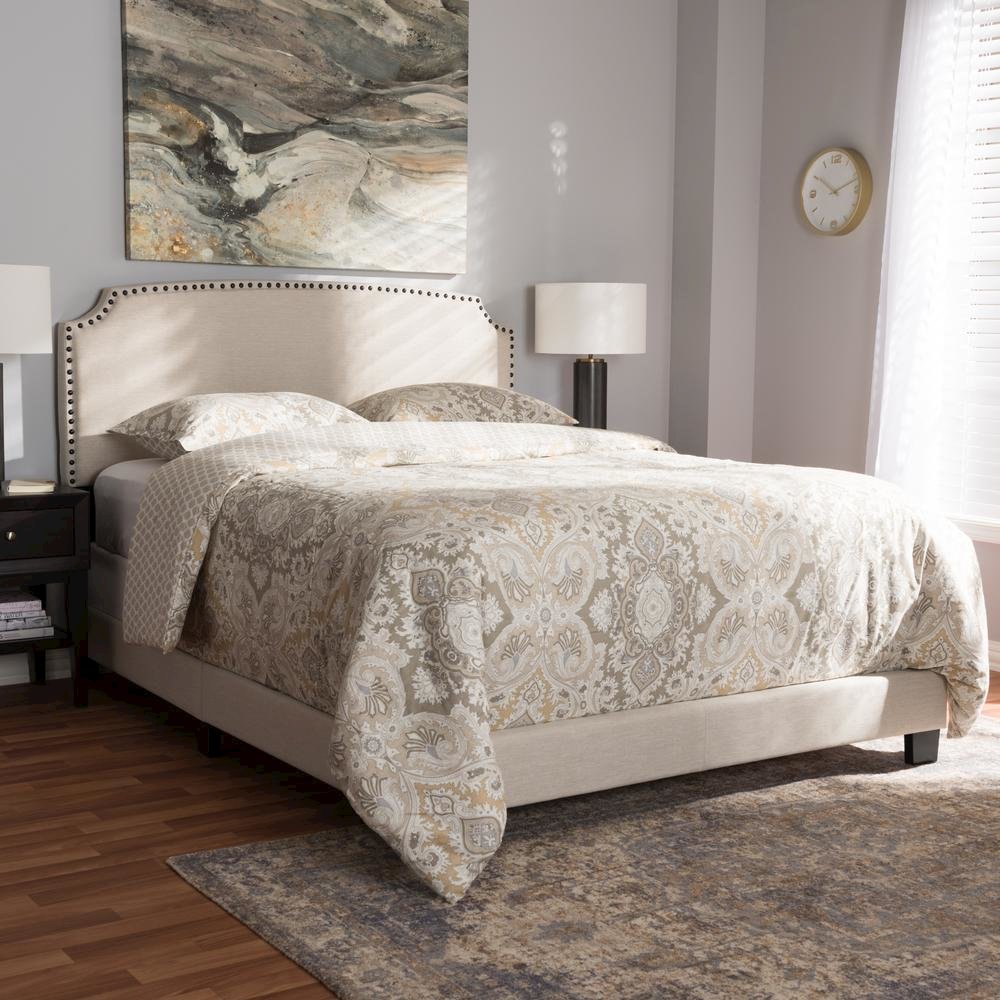 Odette Modern and Contemporary Light Beige Fabric Upholstered Queen Size Bed. Picture 16