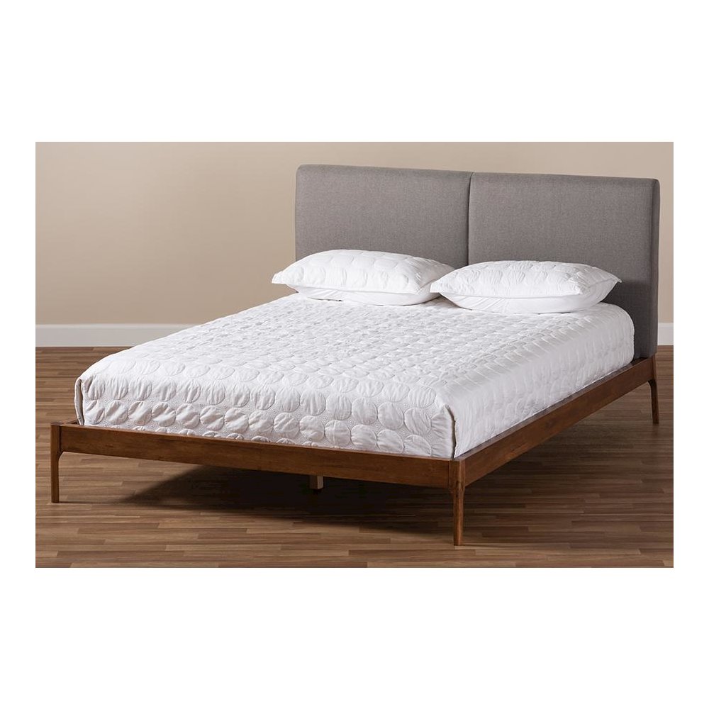 Grey Fabric Upholstered Walnut Finished King Size Platform Bed. Picture 7