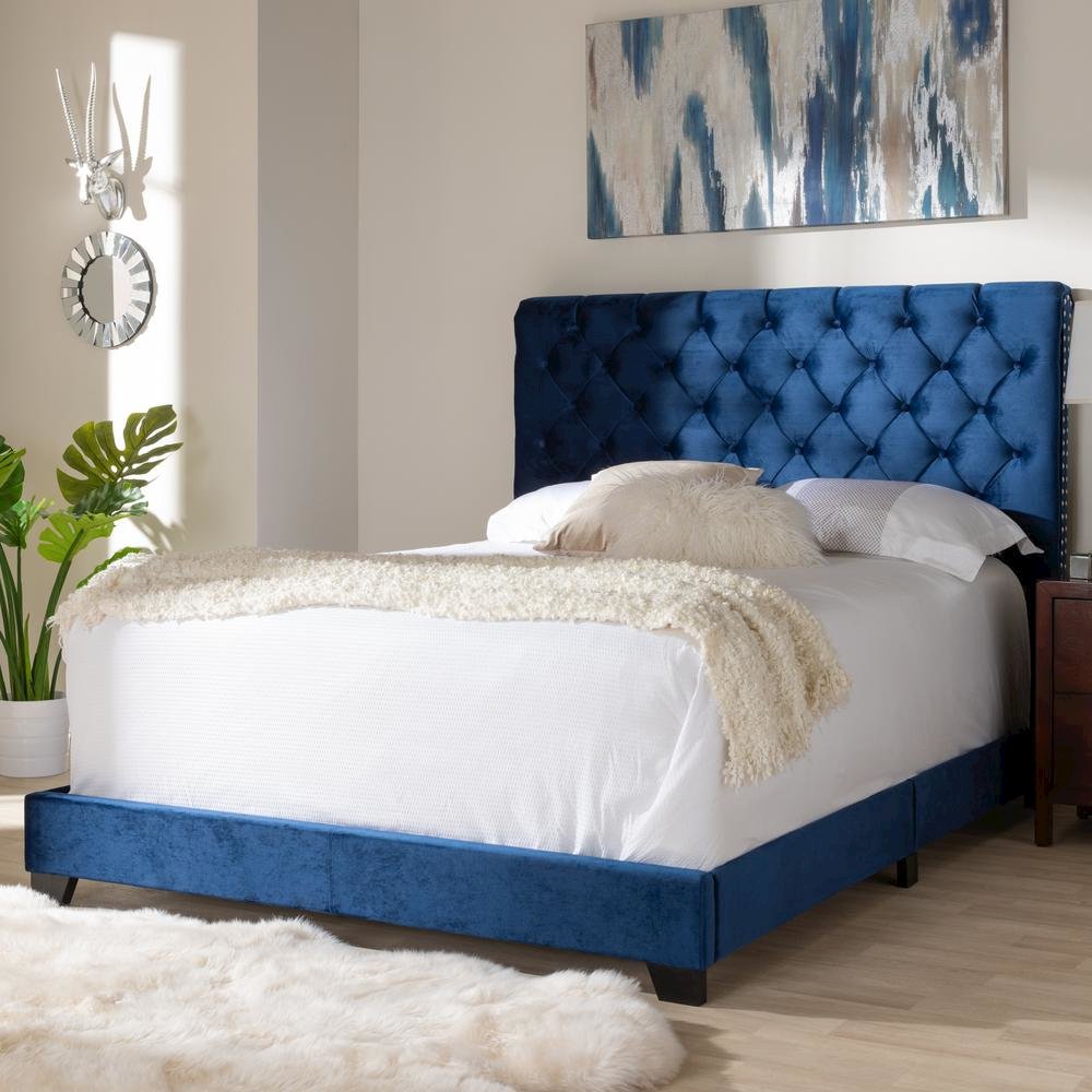 Baxton Studio Candace Luxe and Glamour Navy Velvet Upholstered Queen Size Bed. Picture 16