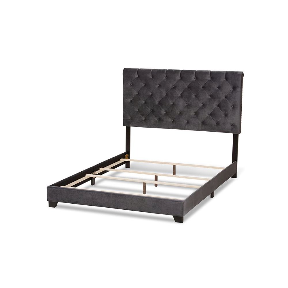 Candace Luxe and Glamour Dark Grey Velvet Upholstered King Size Bed. Picture 3