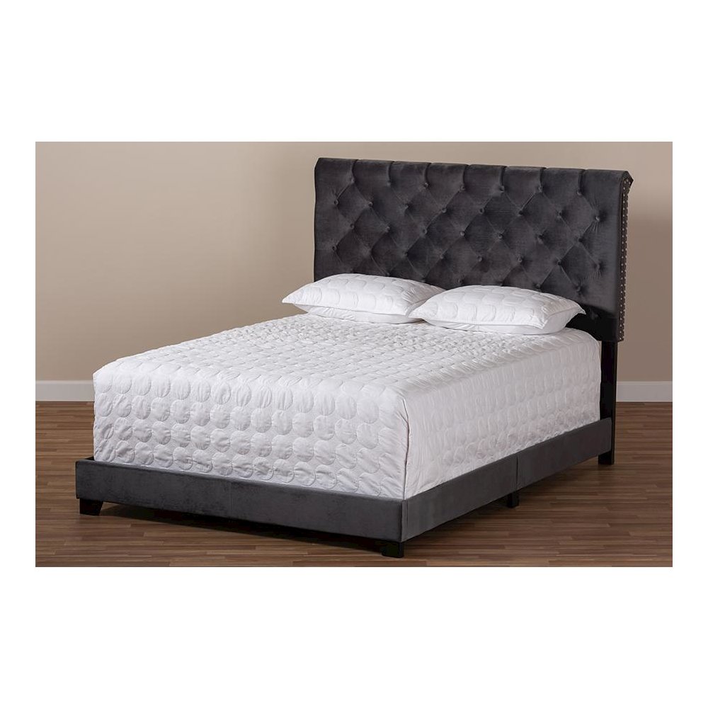 Candace Luxe and Glamour Dark Grey Velvet Upholstered King Size Bed. Picture 7