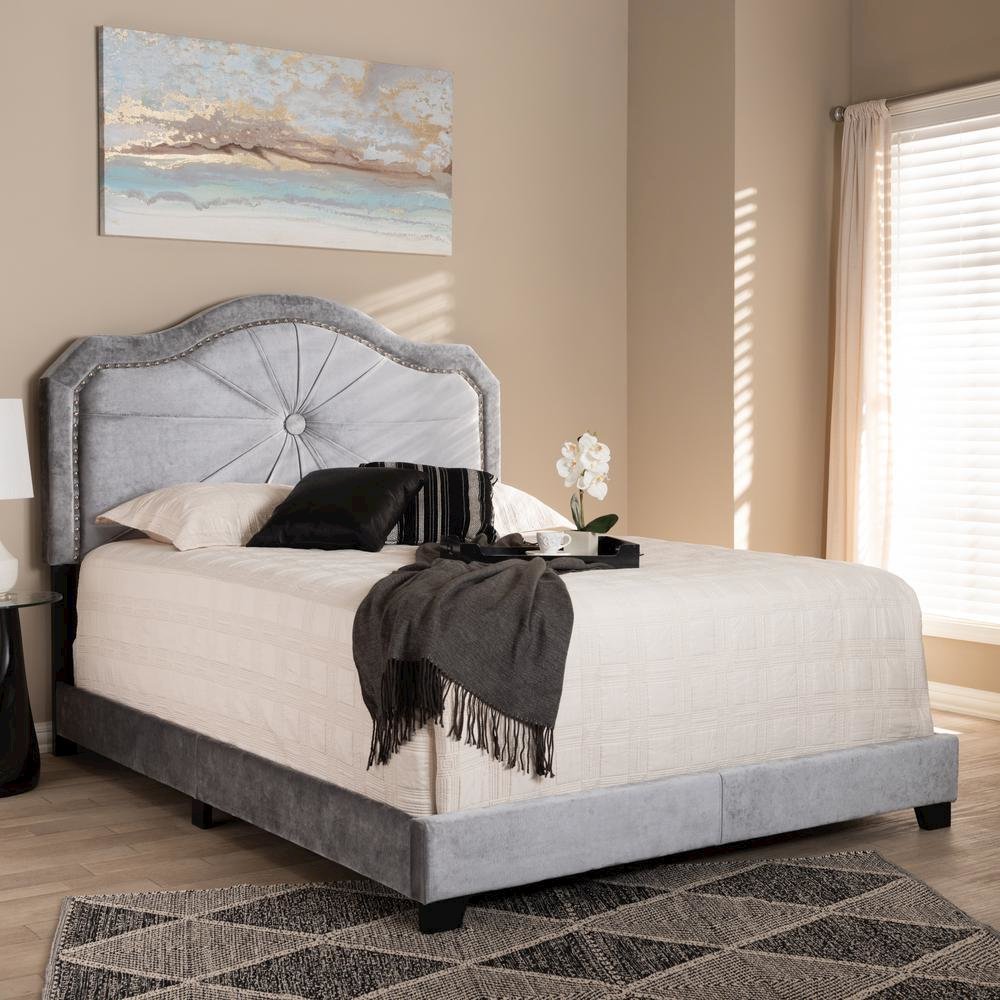 Embla Modern and Contemporary Grey Velvet Fabric Upholstered Queen Size Bed. Picture 14