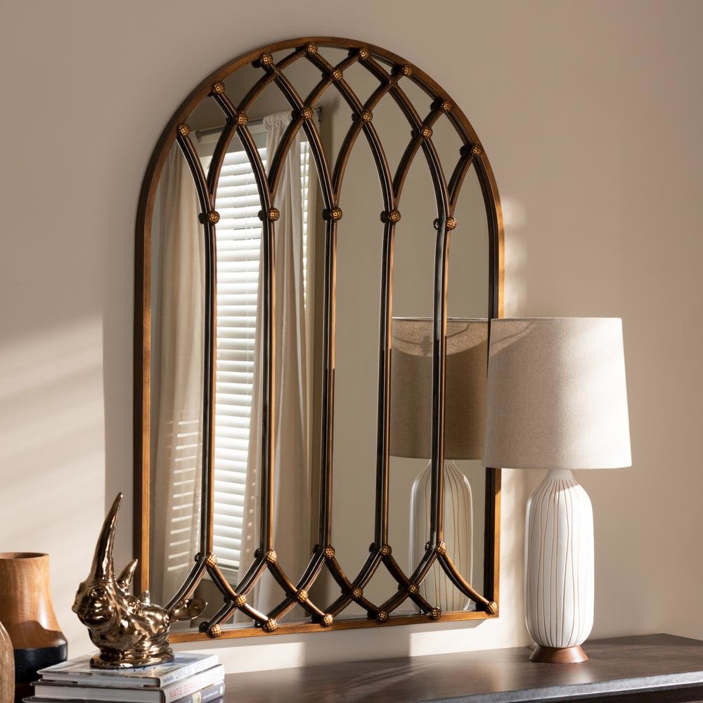 Freja Vintage Farmhouse Antique Bronze Finished Arched Window Accent Wall Mirror. Picture 6