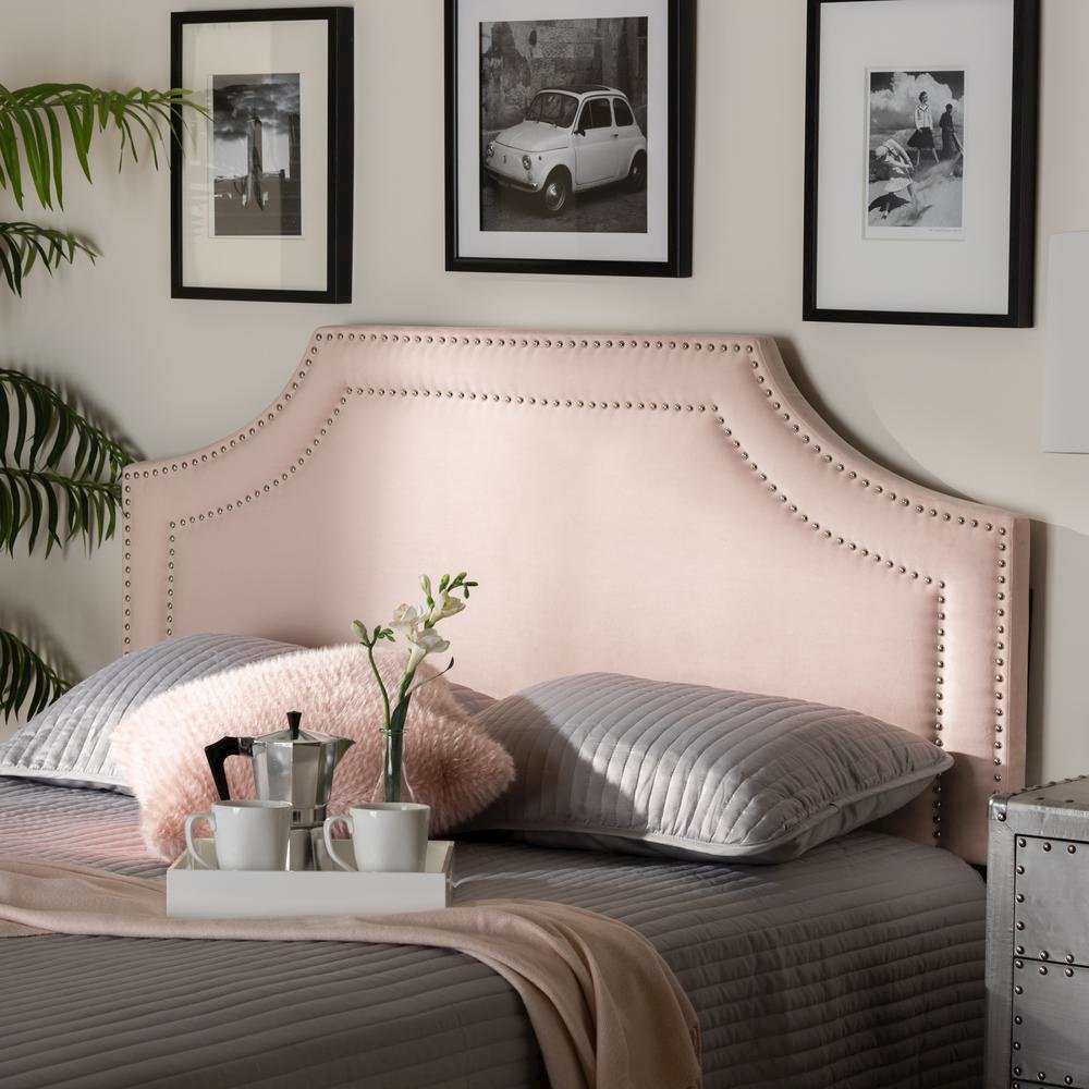 Light Pink Velvet Fabric Upholstered Queen Size Headboard. Picture 12