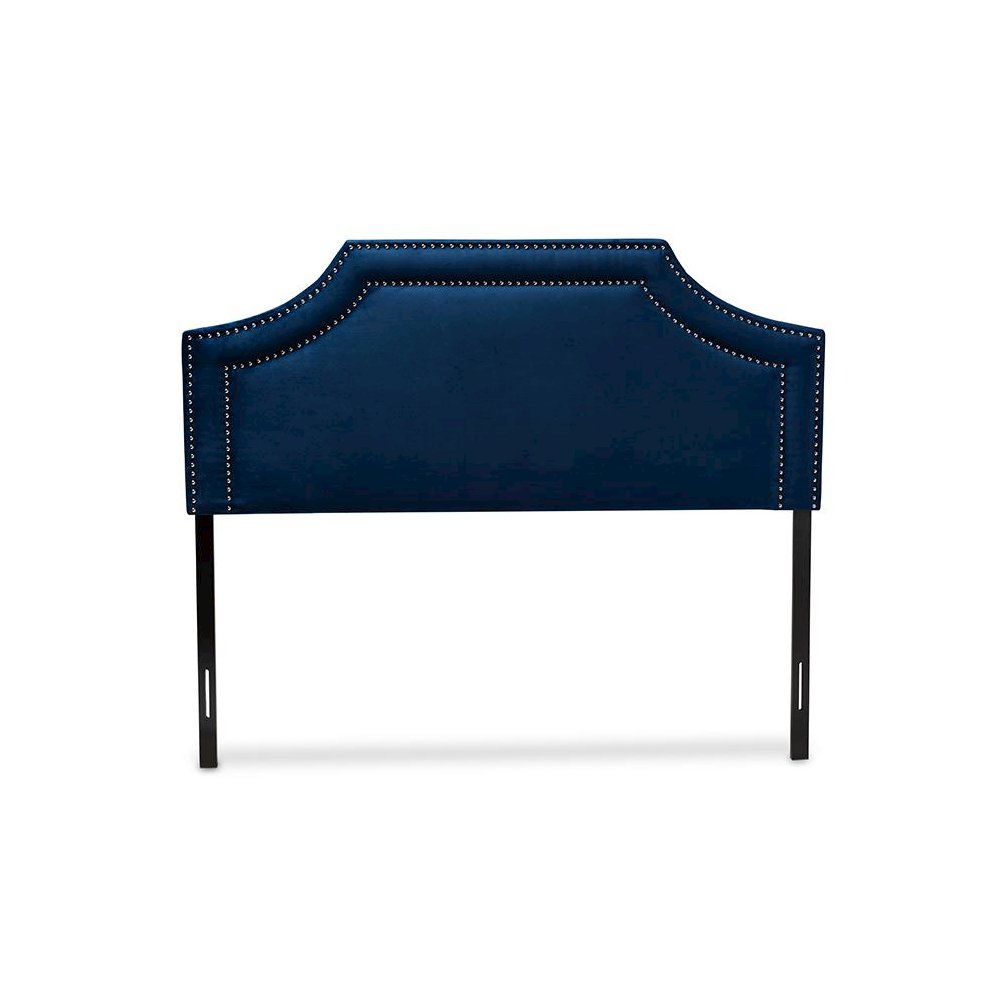 Navy Blue Velvet Fabric Upholstered King Size Headboard. Picture 2