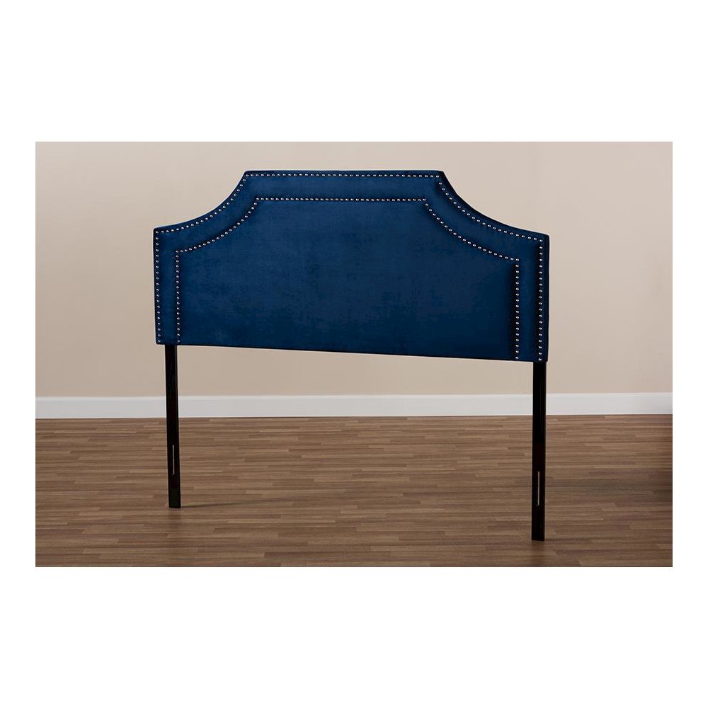 Navy Blue Velvet Fabric Upholstered King Size Headboard. Picture 5