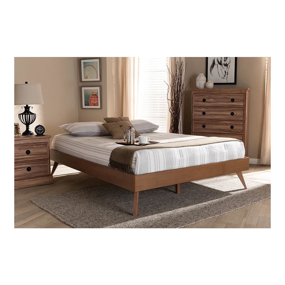 Mid-Century Modern Walnut Brown Finished Wood Queen Size Platform Bed Frame. Picture 5