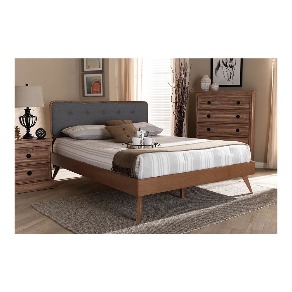 Dark Grey Fabric Upholstered Walnut Brown Finished Wood Queen Size Platform Bed. Picture 6
