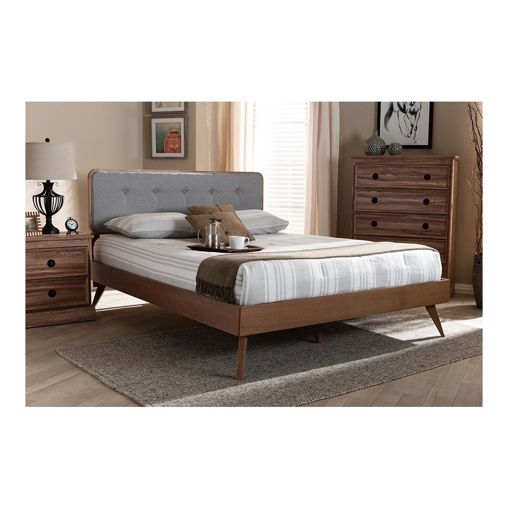Light Grey Fabric Upholstered Walnut Brown Finished Wood Queen Size Platform Bed. Picture 6