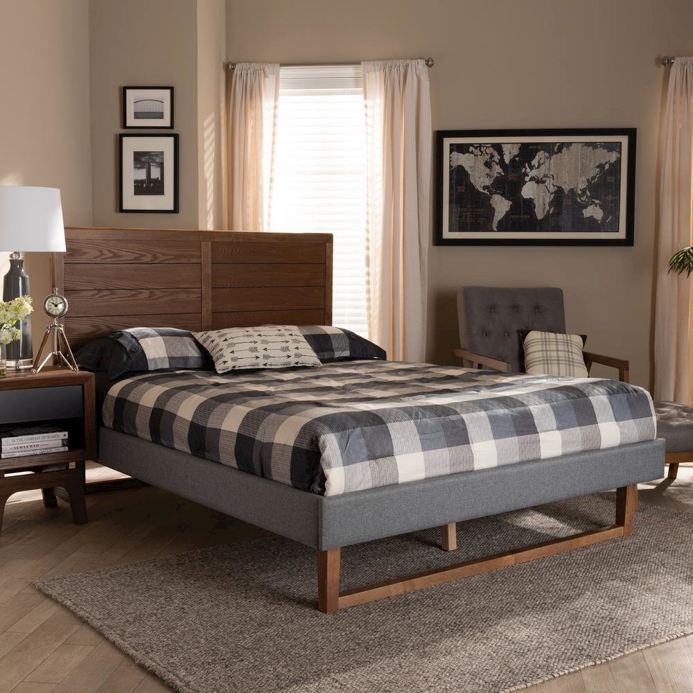 Ash Walnut Brown Finished Wood Queen Size Platform Bed. Picture 16