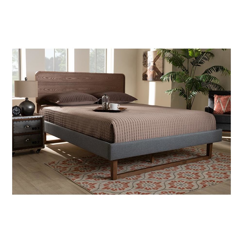 Dark Grey Fabric Upholstered Walnut Brown Finished Wood Queen Size Platform Bed. Picture 6