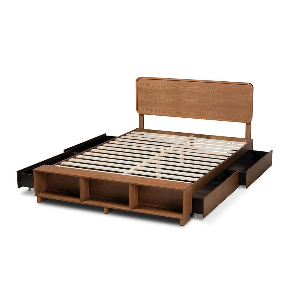 Walnut Brown Finished Wood 4-Drawer King Size Platform Storage Bed. Picture 5