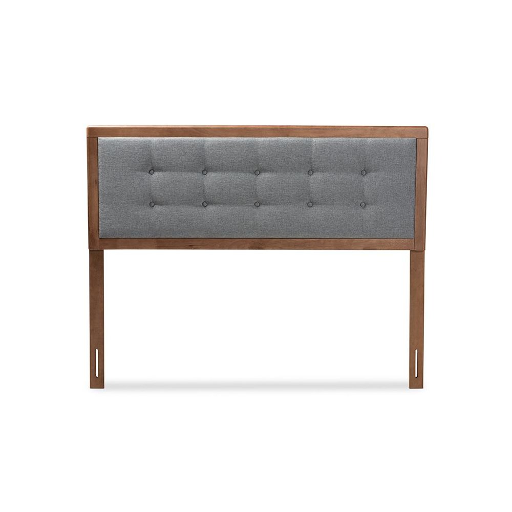 Dark Grey Fabric Upholstered Walnut Brown Finished Wood King Size Headboard. Picture 2