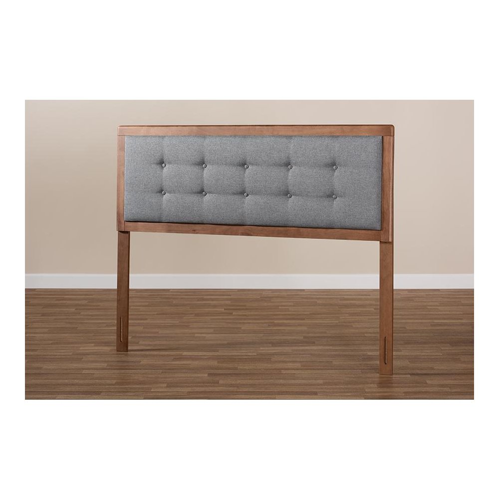 Dark Grey Fabric Upholstered Walnut Brown Finished Wood King Size Headboard. Picture 5