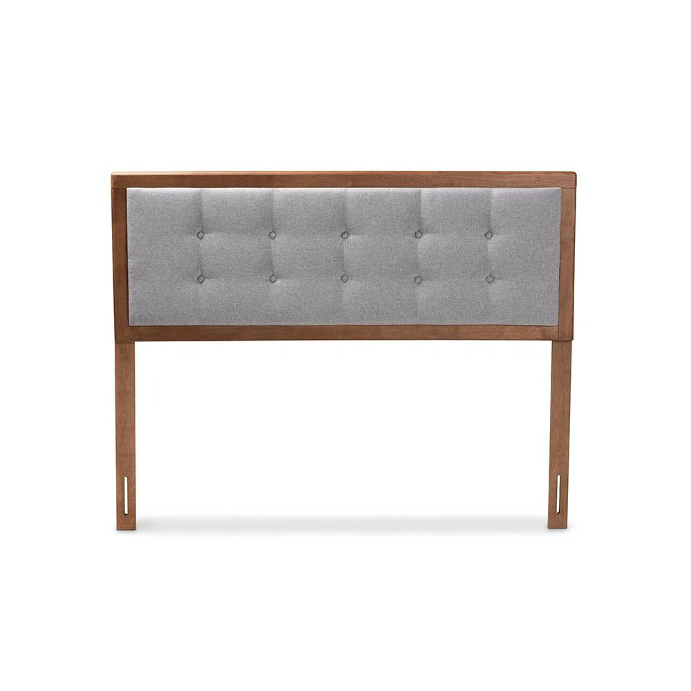 Light Grey Fabric Upholstered Walnut Brown Finished Wood King Size Headboard. Picture 2