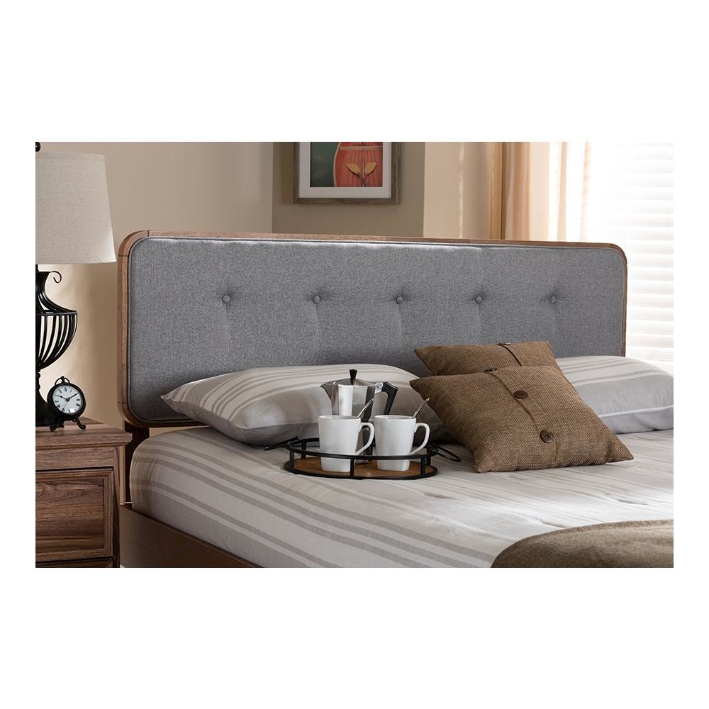 Light Grey Fabric Upholstered Walnut Brown Finished Wood Queen Size Headboard. Picture 4