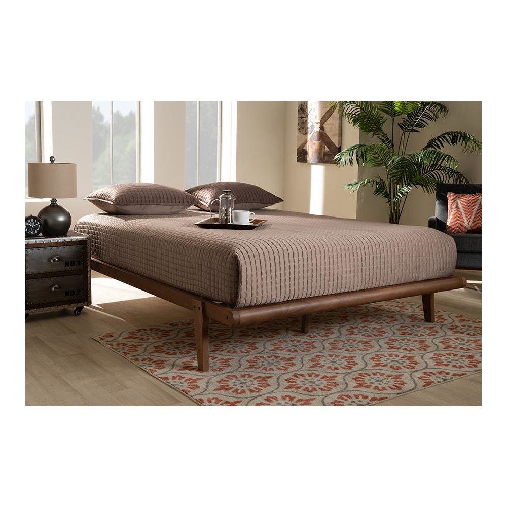 Kaia Mid-Century Modern Walnut Brown Finished Wood Queen Size Platform Bed Frame. Picture 5