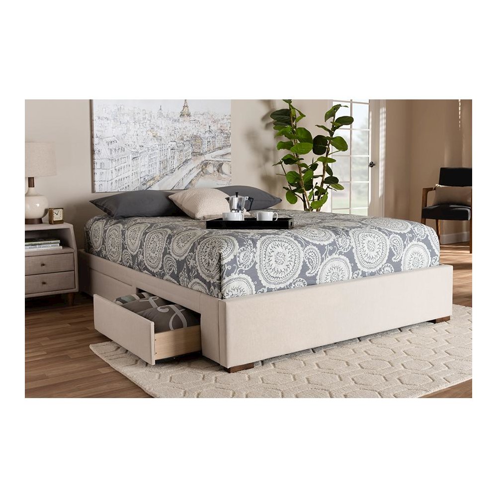 Beige Fabric Upholstered 4-Drawer King Size Platform Storage Bed Frame. Picture 8