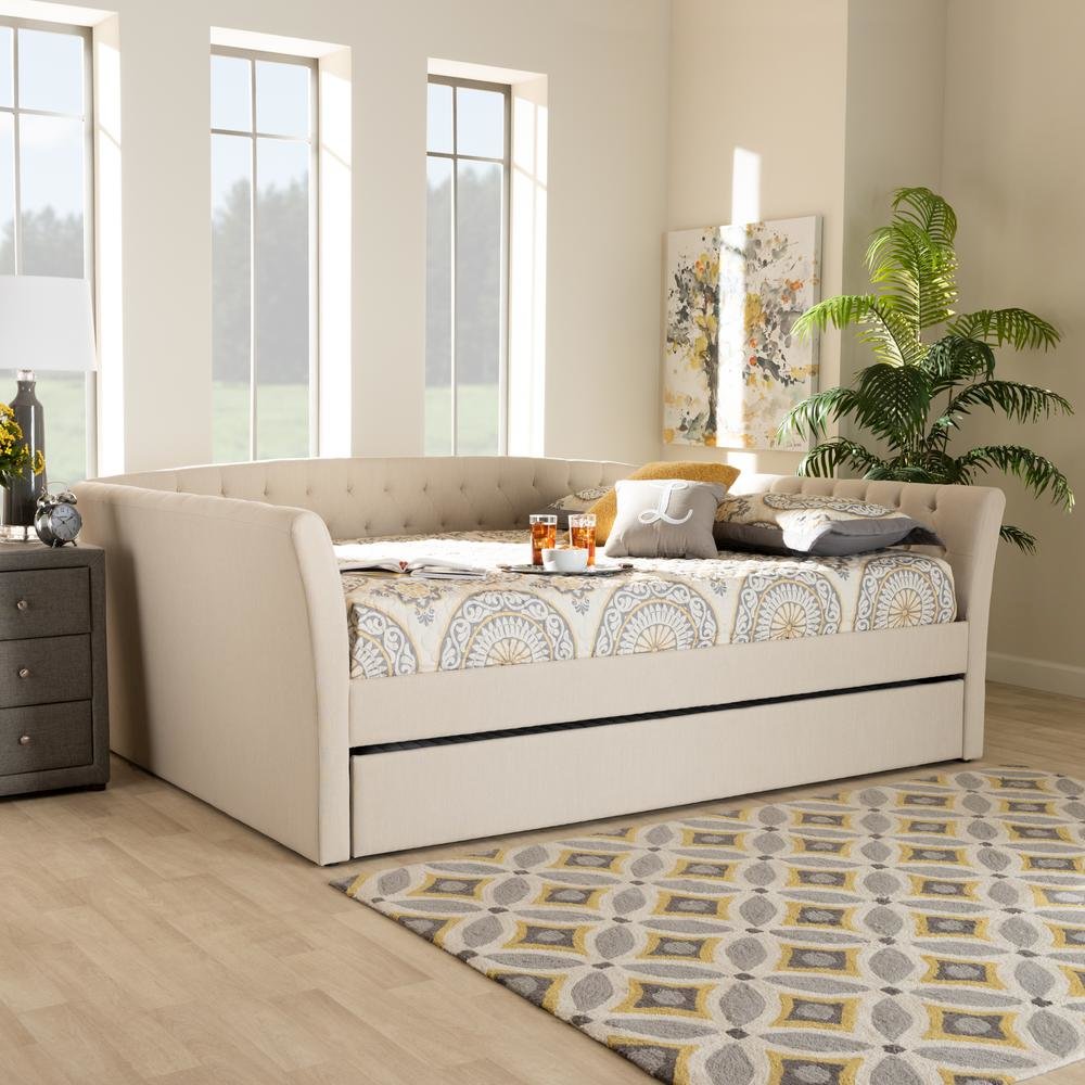 Beige Fabric Upholstered Queen Size Daybed with Roll-Out Trundle Bed. Picture 18