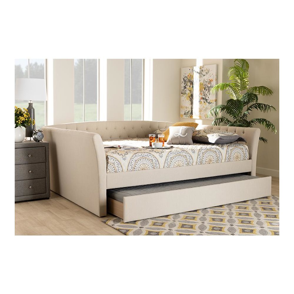 Beige Fabric Upholstered Queen Size Daybed with Roll-Out Trundle Bed. Picture 23